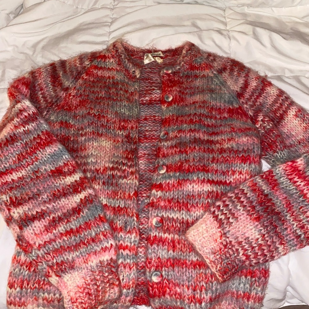 Vintage Multicolor Fuzzy Striped Cardigan - Coral, Pink, Cream, Gray - Picture 4 of 4